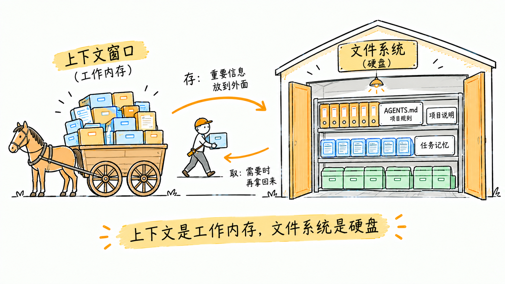 上下文是工作内存,文件系统是硬盘:装不下的放外面,要用的按需取回