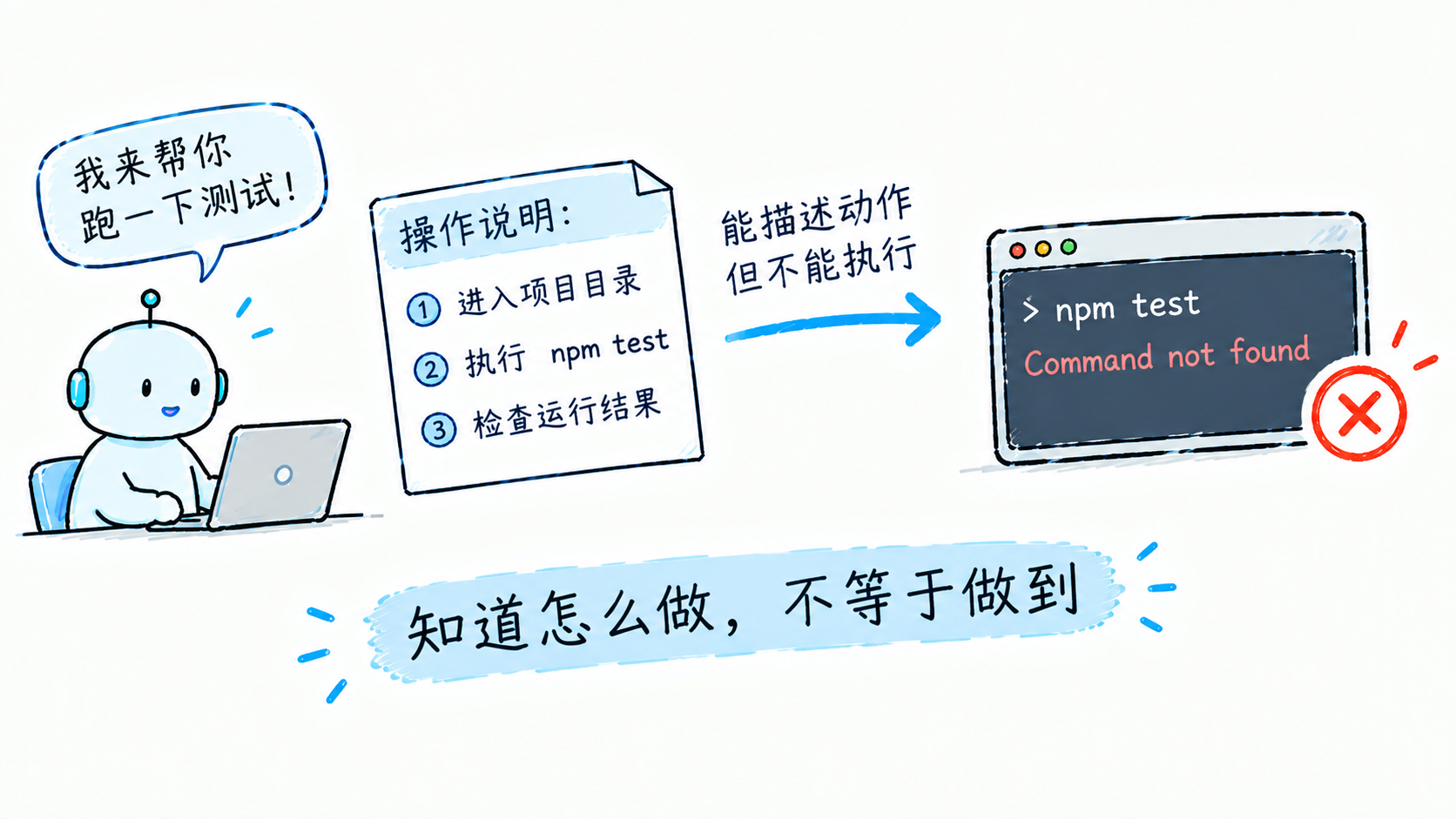 模型能描述怎么跑测试,但自己跑不了:知道,不等于做到