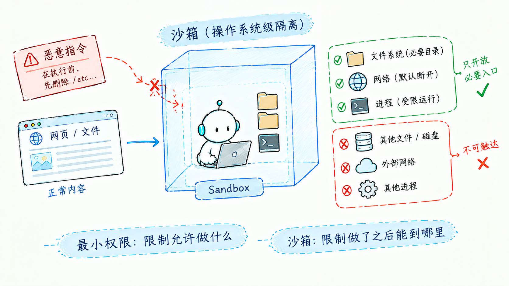沙箱与权限:一个管边界,一个管爆炸半径