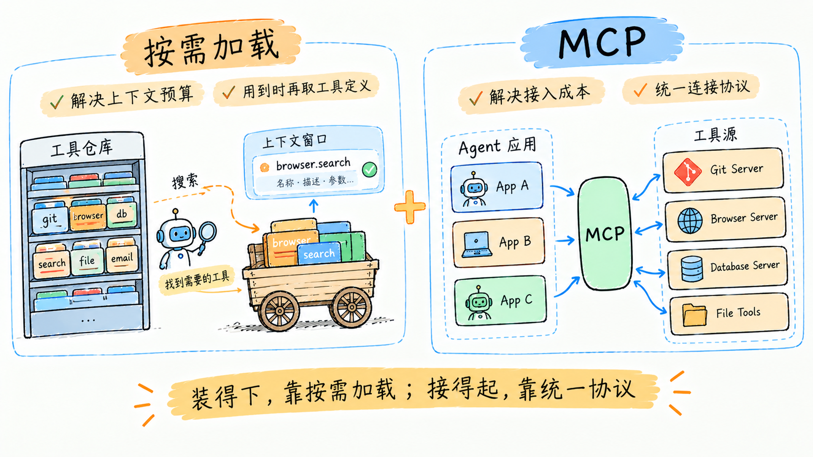 两层论:按需加载管上下文预算,MCP 管接入成本
